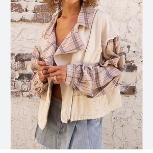 POL color block checkered distressed shacket